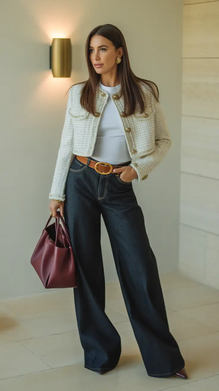 Casual jeans outfits 2026 – Wide-Leg Denim With a Luxe Tweed Twist