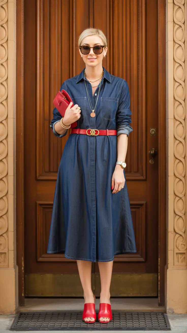 Casual jeans outfits 2026 – Dark Denim Midi Dress With Red Statement Accents