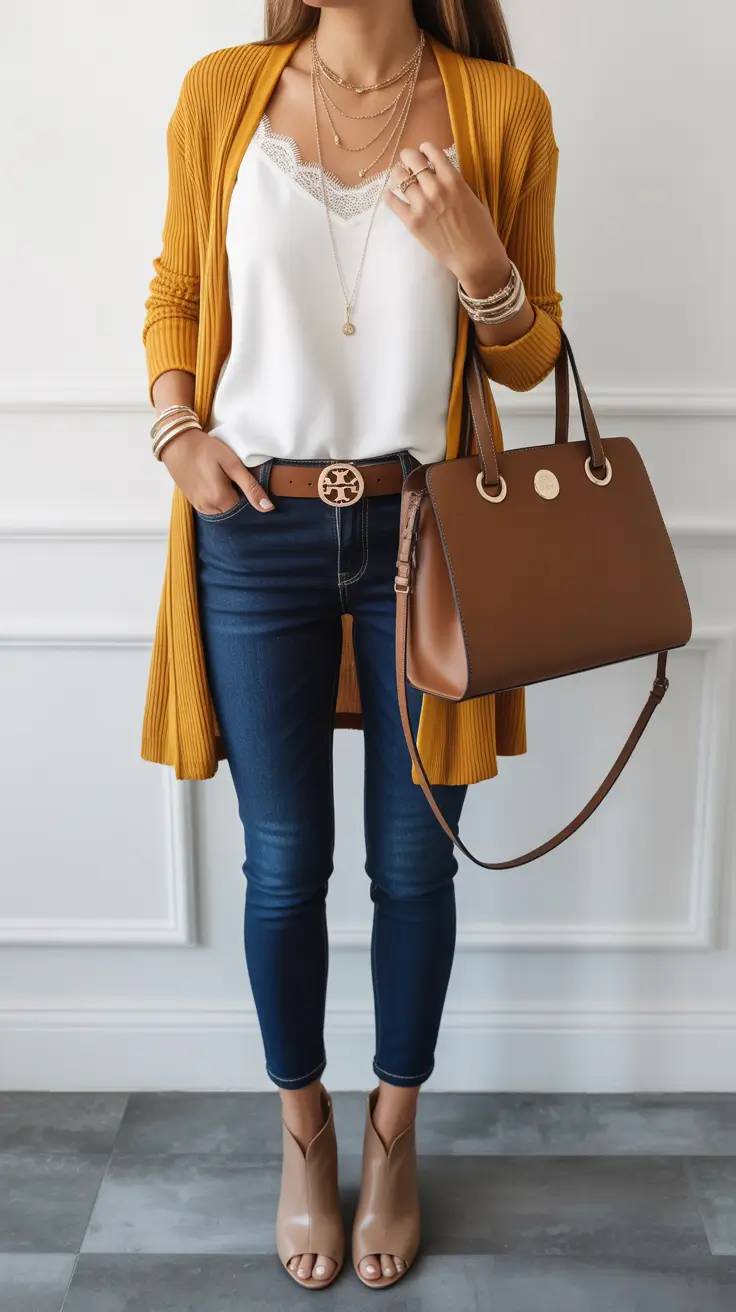 Casual jeans outfits 2026 – Dark Skinny Jeans With Mustard Cardigan Layers