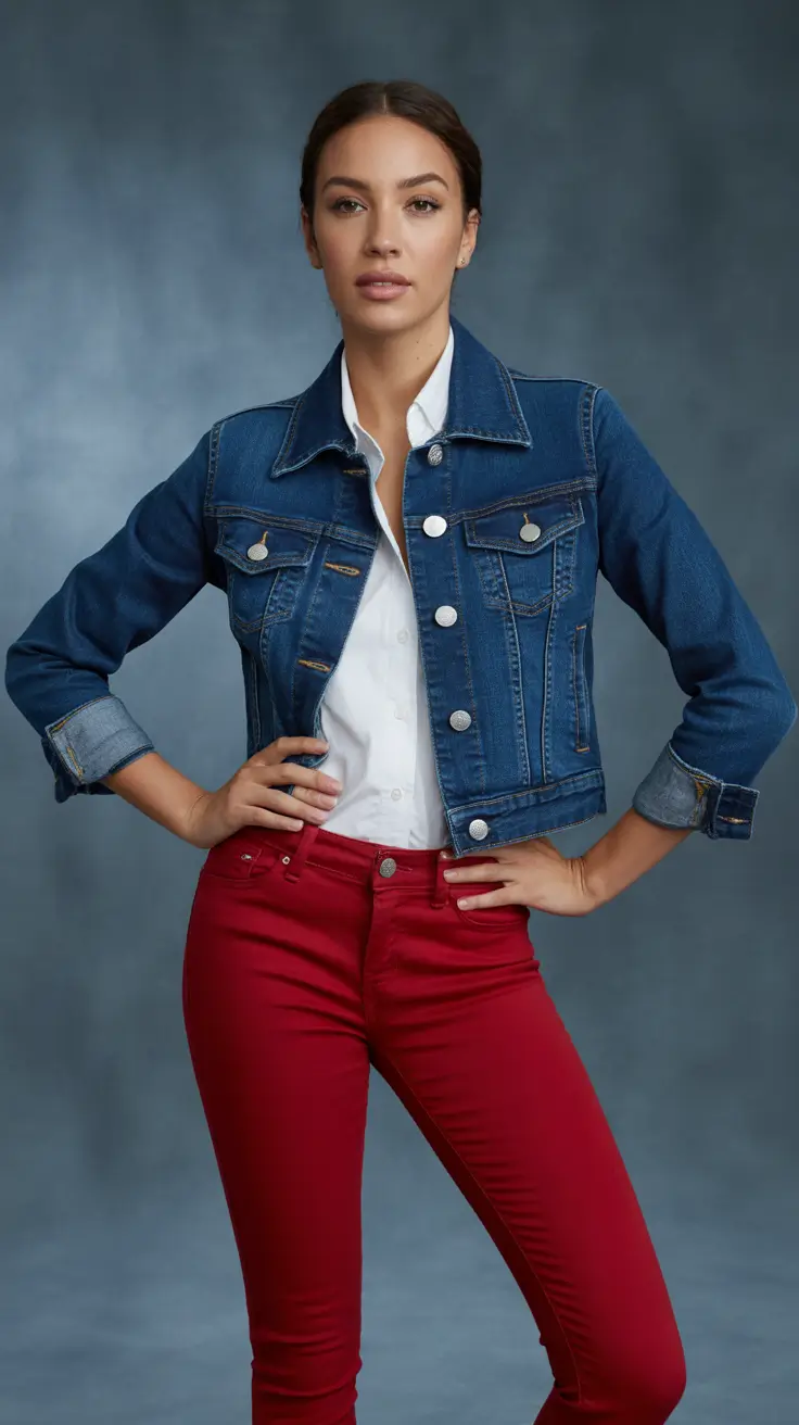 Casual jeans outfits 2026 – Classic Blue Denim Jacket With Red Jeans
