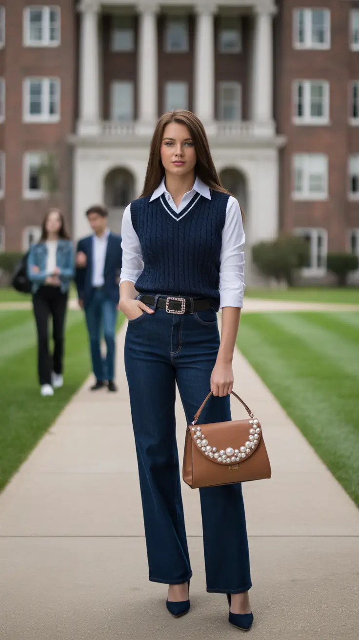 Casual jeans outfits 2026 – Preppy Dark Jeans With a Navy Sweater Vest