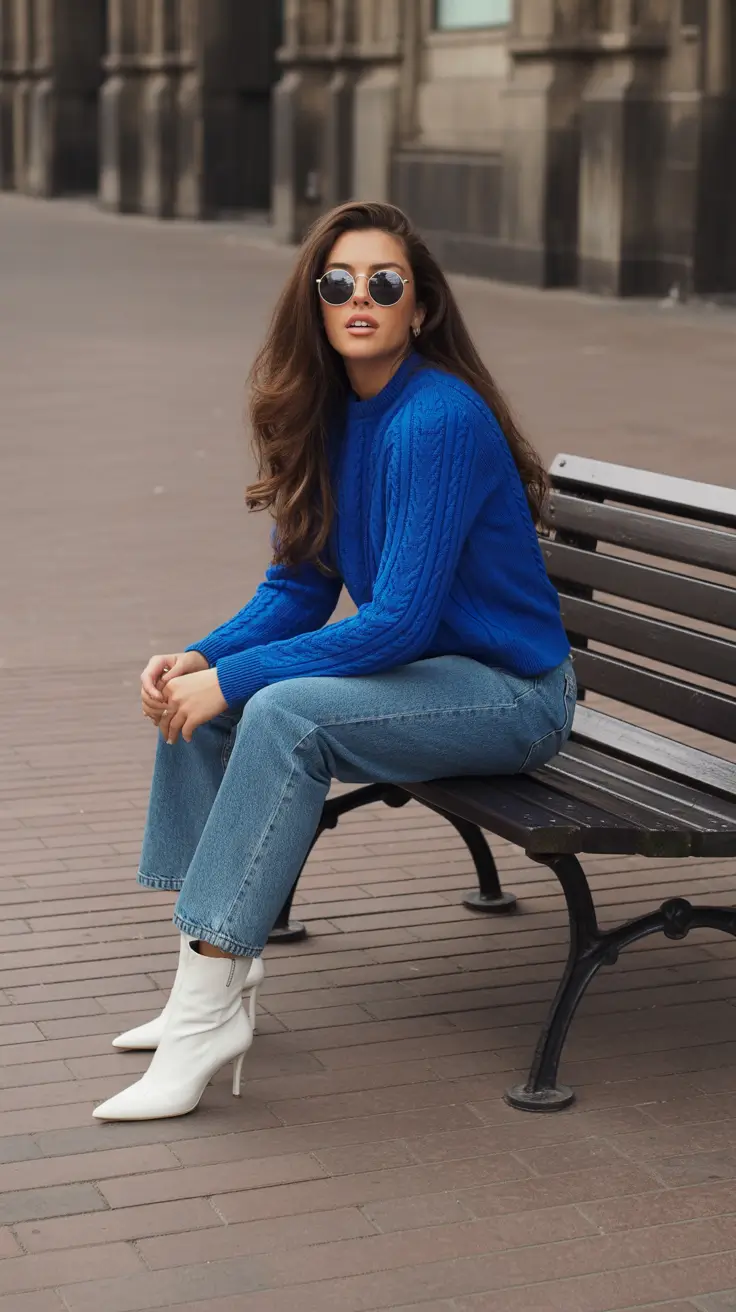 Casual jeans outfits 2026 – Bright Blue Knit With Light Denim and White Boots