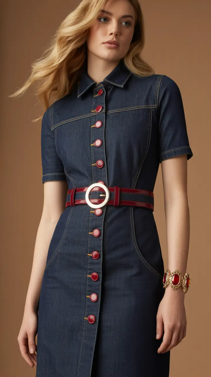 Casual jeans outfits 2026 – Dark Denim Dress With Bold Red Details