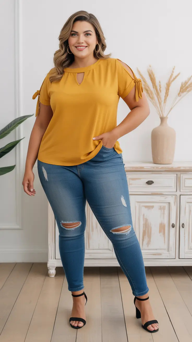 Casual jeans outfits 2026 – Mustard Top With Casual Ripped Skinny Jeans