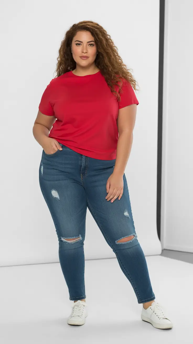 Casual jeans outfits 2026 – Red Tee and Ripped Denim With Sporty Energy