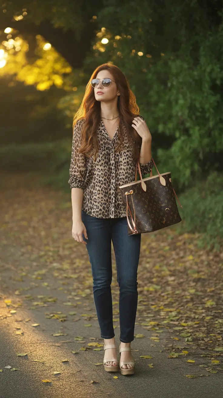 Casual jeans outfits 2026 – Leopard Blouse With Dark Skinny Jeans