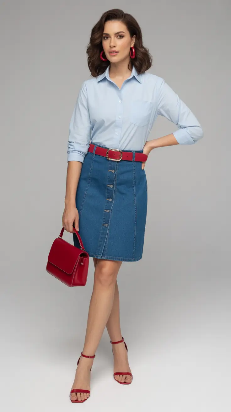Casual jeans outfits 2026 – Light Denim Mini Skirt With Red Accessories