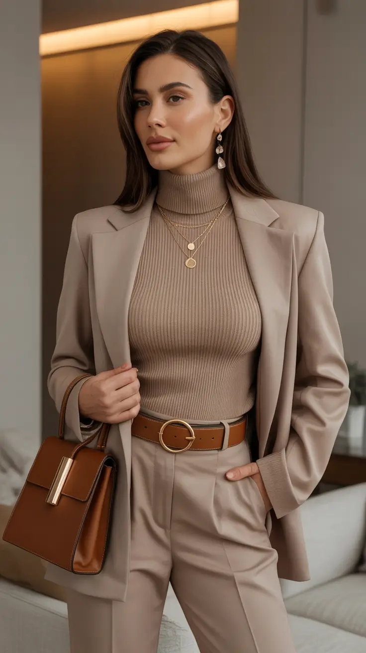 Casual office outfits for work 2026 - Monochrome Taupe Suit With Knit Turtleneck