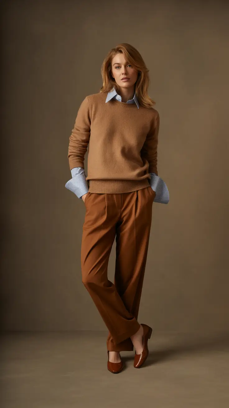 Casual office outfits for work 2026 - Camel Sweater And Rust Tailored Trousers