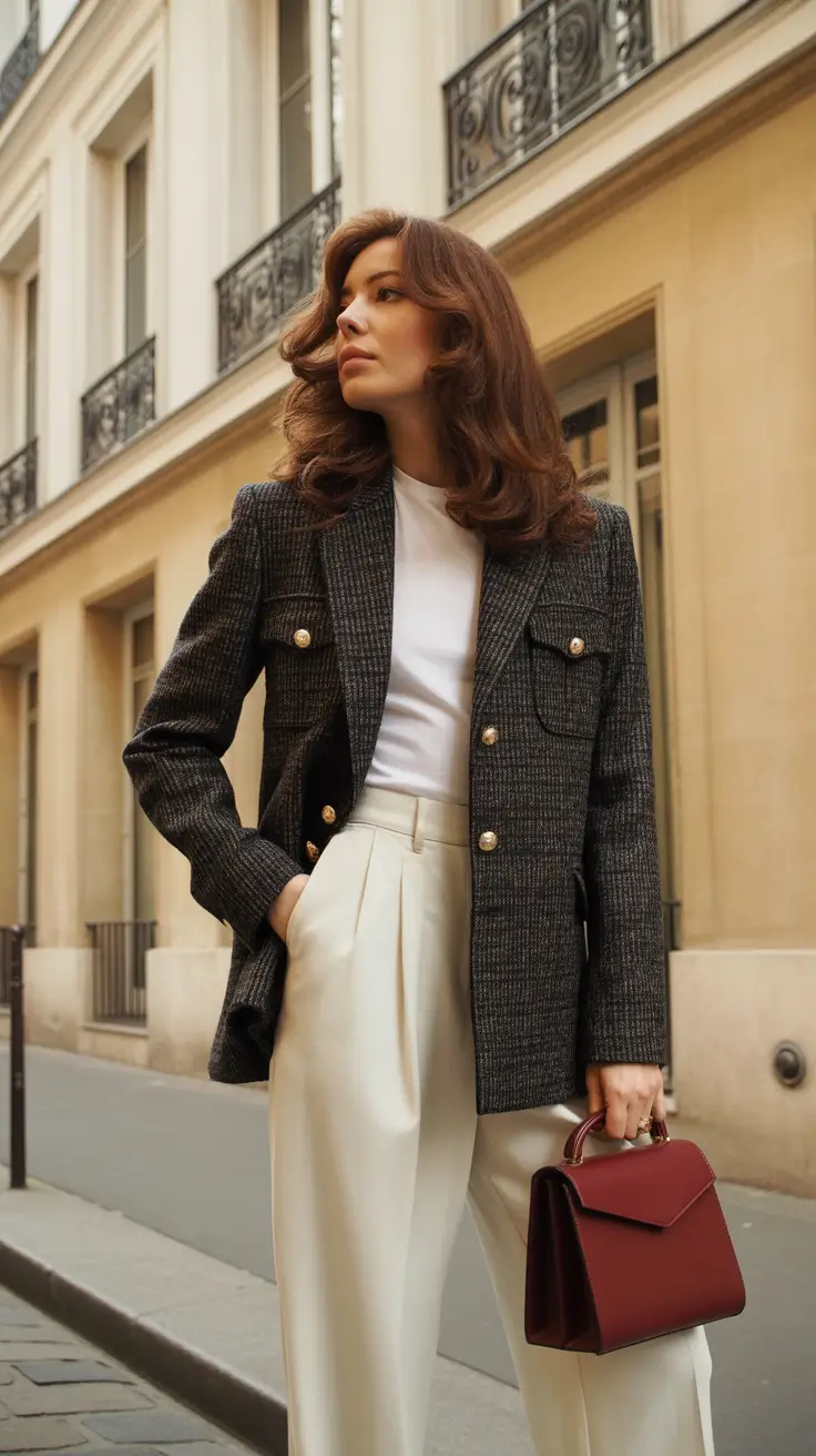 Casual office outfits for work 2026 - Tweed Blazer And Cream Trousers