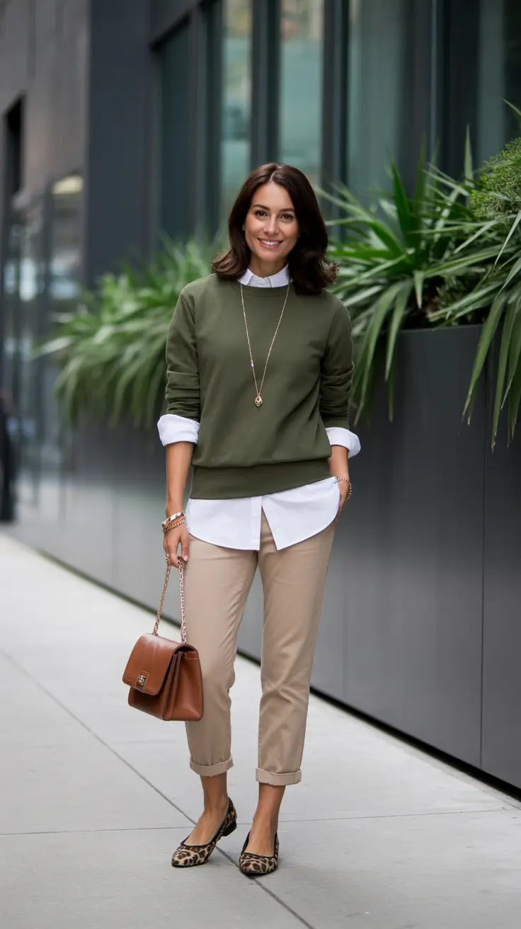 Casual office outfits for work 2026 - Olive Sweater Layered Over Chinos