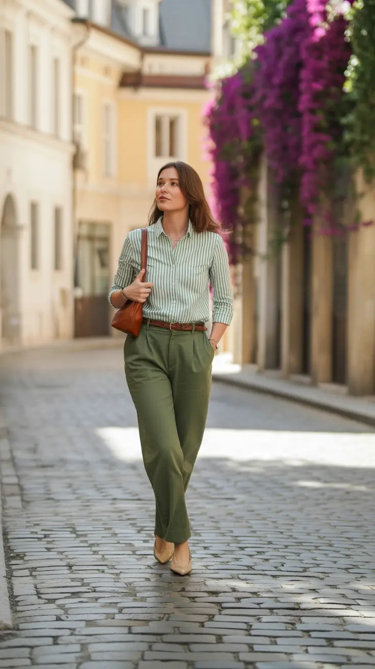 Casual office outfits for work 2026 - Green Stripes And Relaxed Trousers