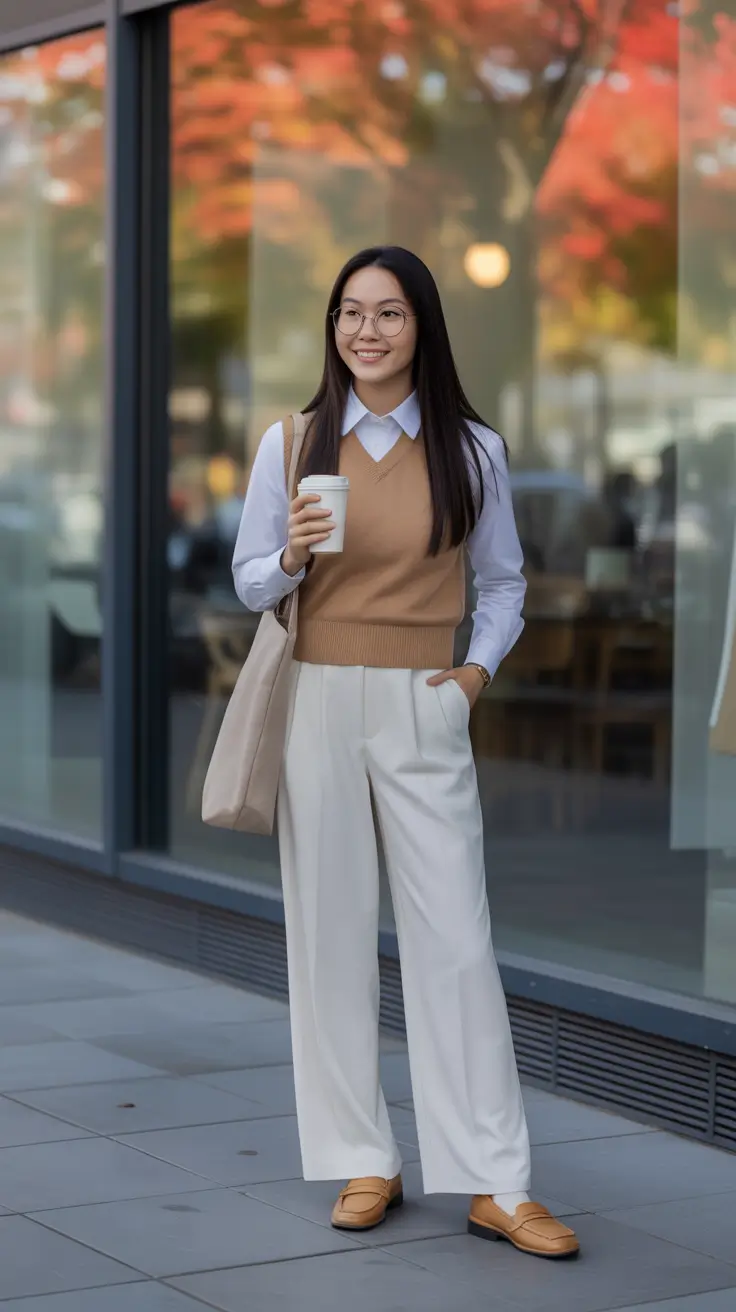 Casual office outfits for work 2026 - Preppy Vest And Wide-Leg Trousers