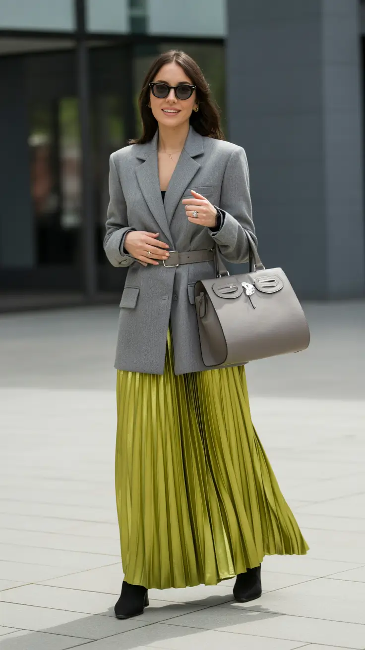 Chic brunch outfits 2026 – Modern Metallic Pleats for an Upscale City Brunch