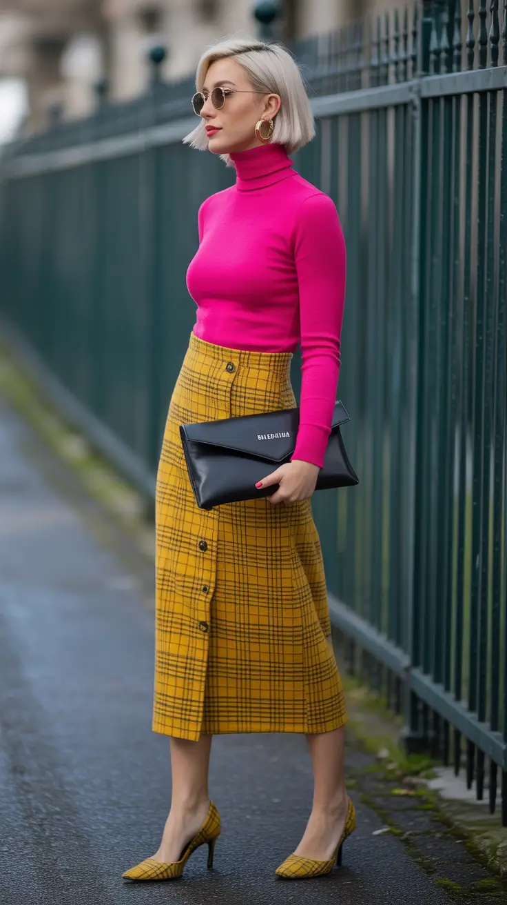 Chic brunch outfits 2026 – Color-Pop Turtleneck and Plaid Skirt for a Fun Fall Brunch