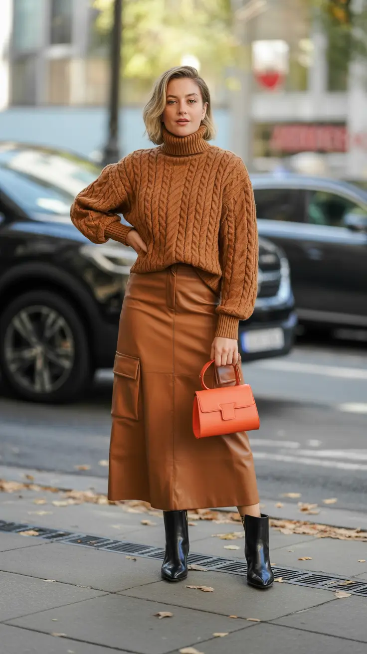 Chic brunch outfits 2026 – Cognac Leather and Cable Knit for Cozy Fall Chic