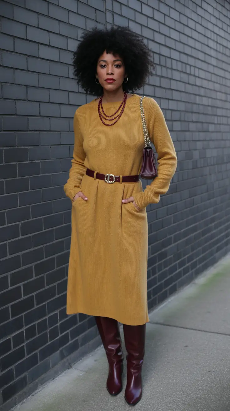 Chic brunch outfits 2026 – Mustard Knit Dress for Cozy Winter Elegance
