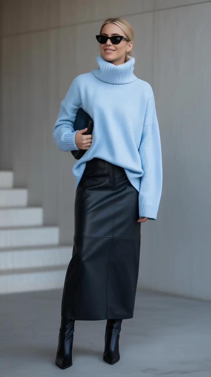 Chic brunch outfits 2026 – Leather and Ice Blue for an Elevated Urban Brunch