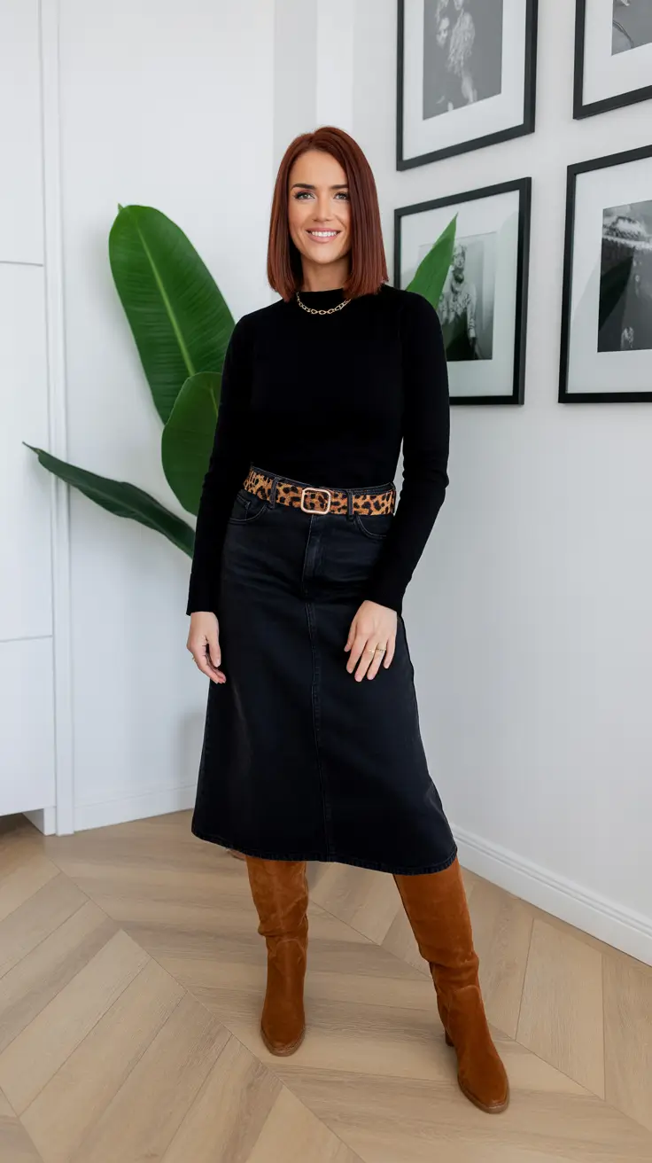 Chic brunch outfits 2026 – Denim Midi and Leopard Belt for Casual Fall Charm