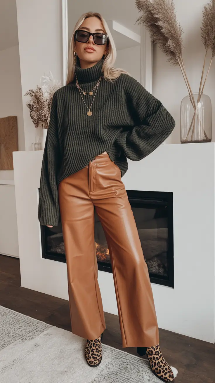 Chic modest outfits 2026 - Leather pants and oversized knit confidence