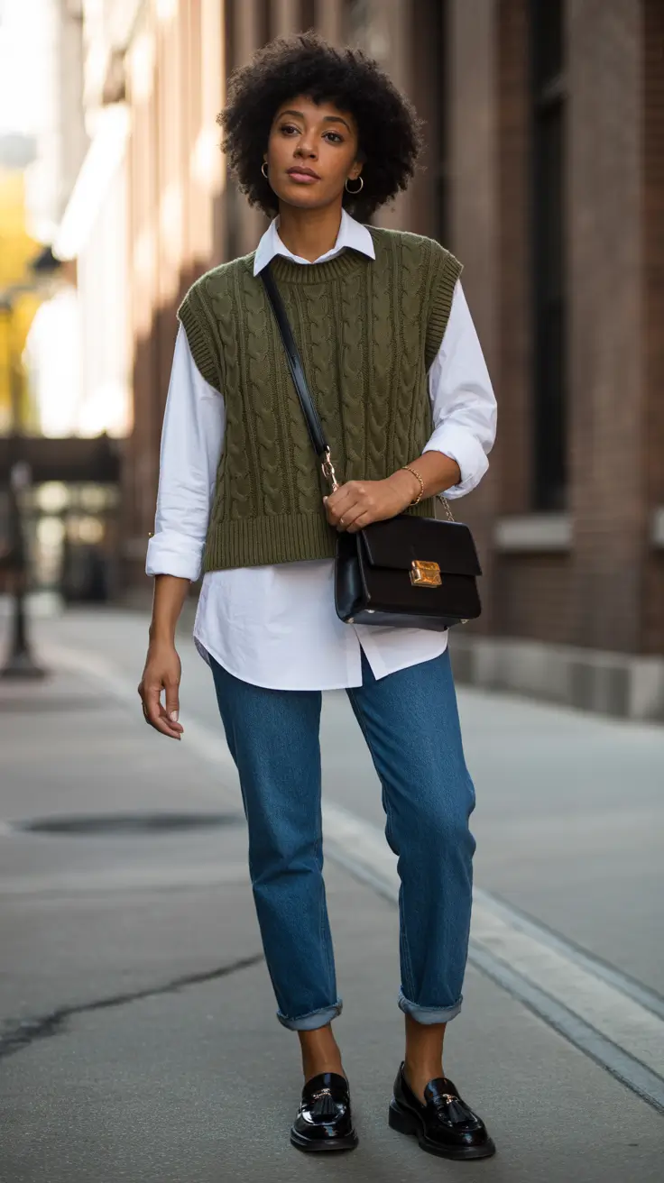 Chic modest outfits 2026 - Layered vest and denim for everyday ease