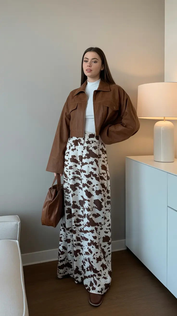 Chic modest outfits 2026 - Cow-print maxi and cropped jacket statement