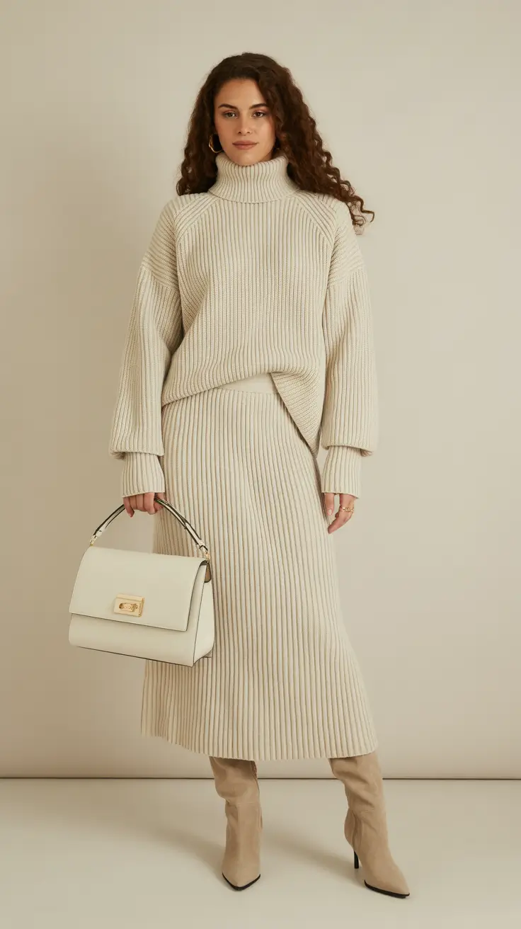 Chic modest outfits 2026 - Cozy monochrome knit set in cream