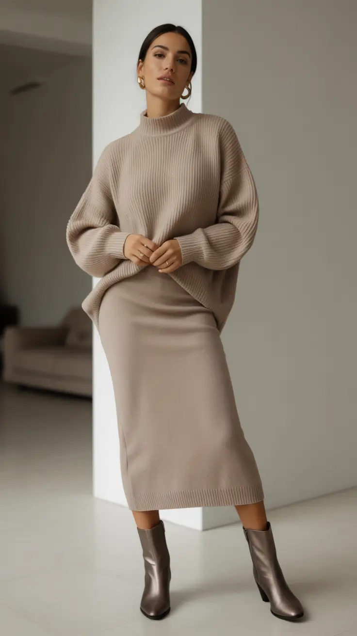 Chic modest outfits 2026 - Taupe knit set for minimalist polish