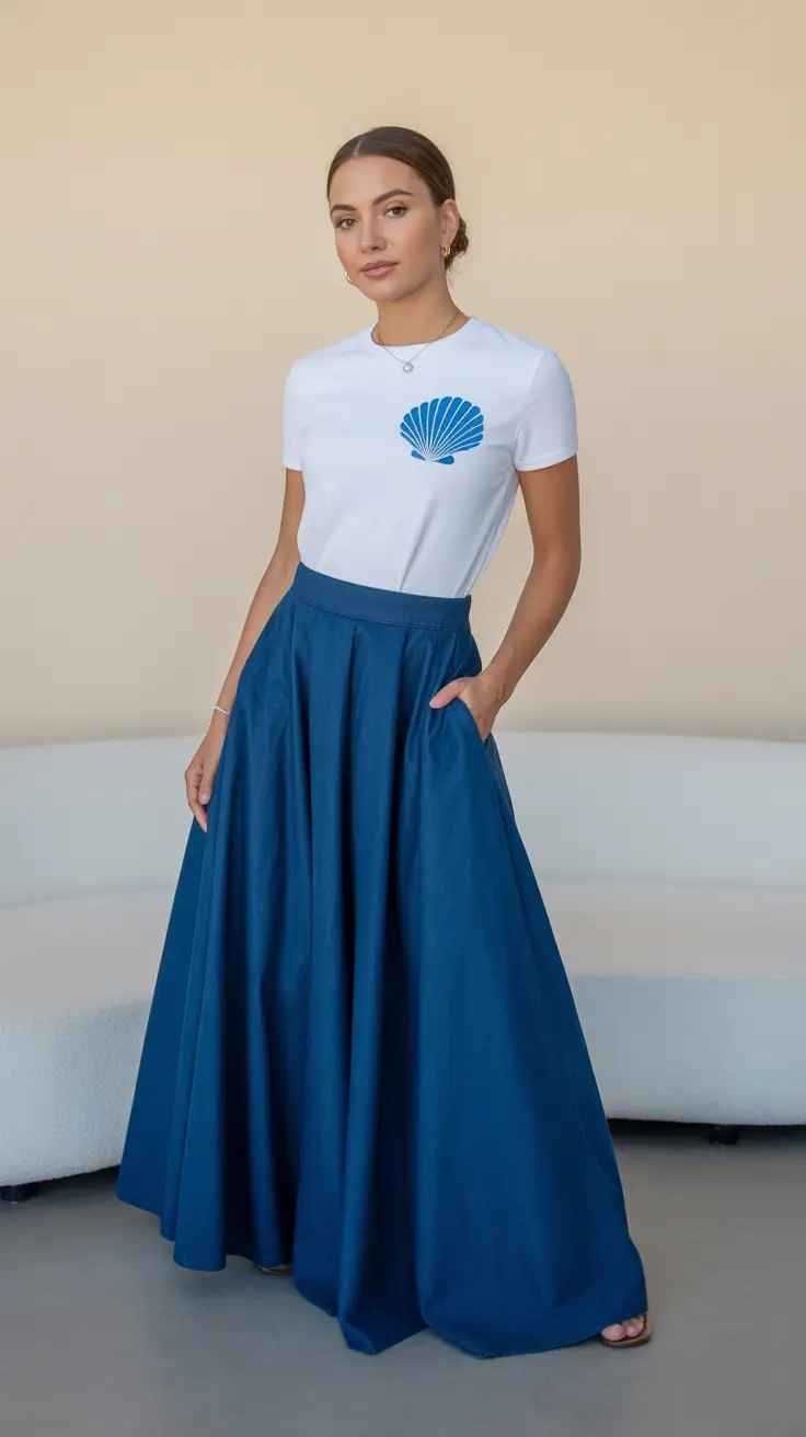 Chic modest outfits 2026 - Shell tee and full skirt coastal charm