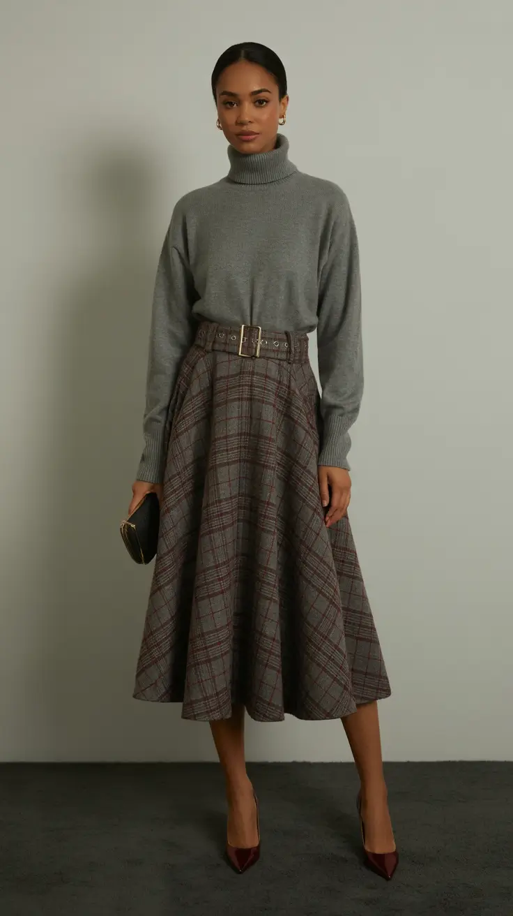 Chic modest outfits 2026 - Grey turtleneck and plaid skirt timeless grace