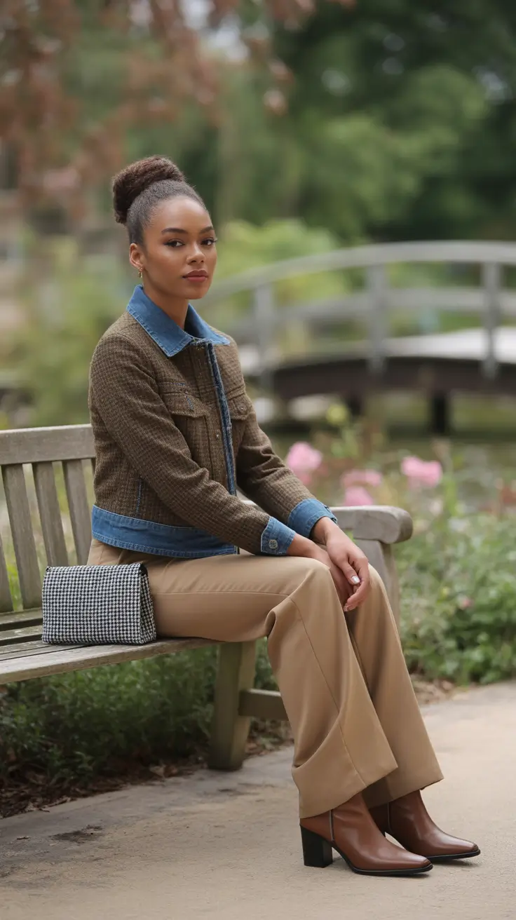 Chic modest outfits 2026 - Tweed jacket and tailored trousers garden stroll