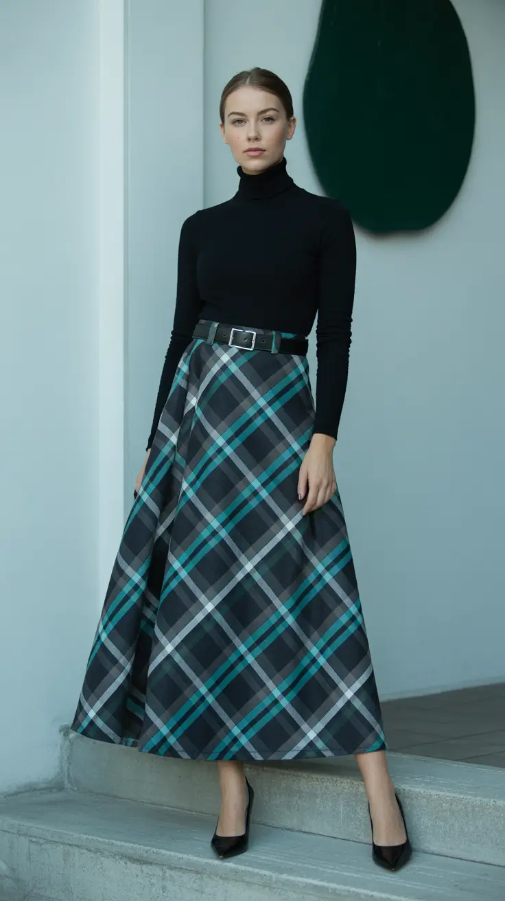 Chic modest outfits 2026 - Black turtleneck and teal plaid skirt sharp contrast