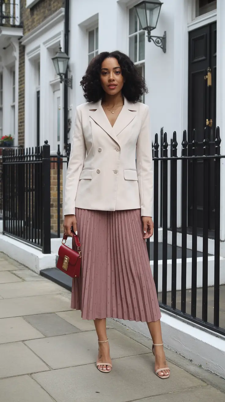 Chic modest outfits 2026 - Blazer and pleated skirt city polish
