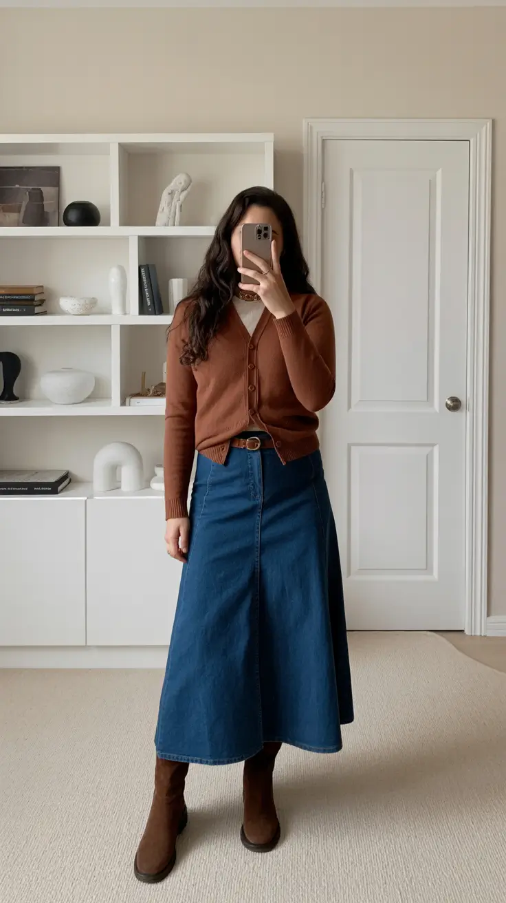 Chic modest outfits 2026 - Denim midi and cardigan warm neutrals