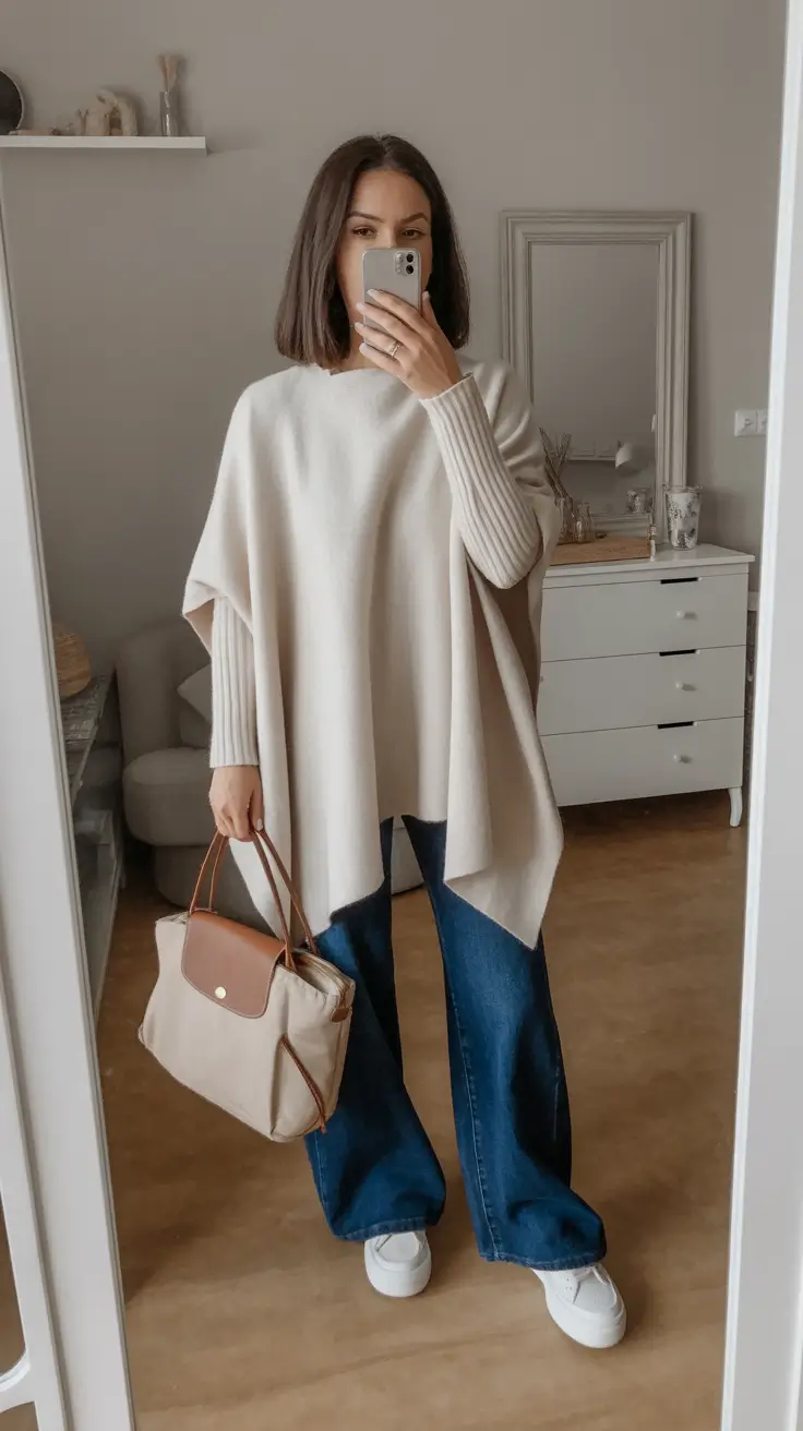 Chic modest outfits 2026 - Poncho layers and wide-leg denim comfort