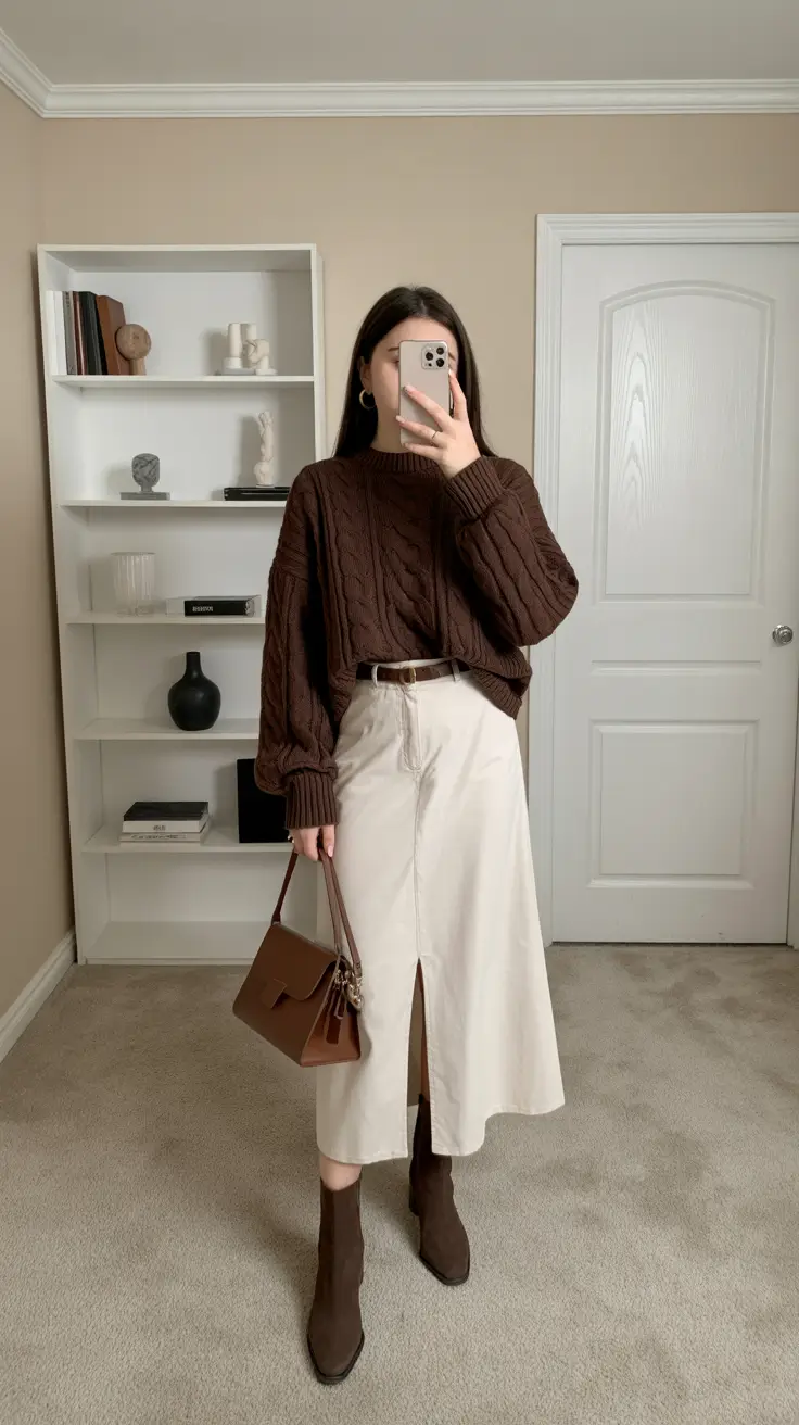 Chic modest outfits 2026 - Chocolate sweater and cream midi everyday polish