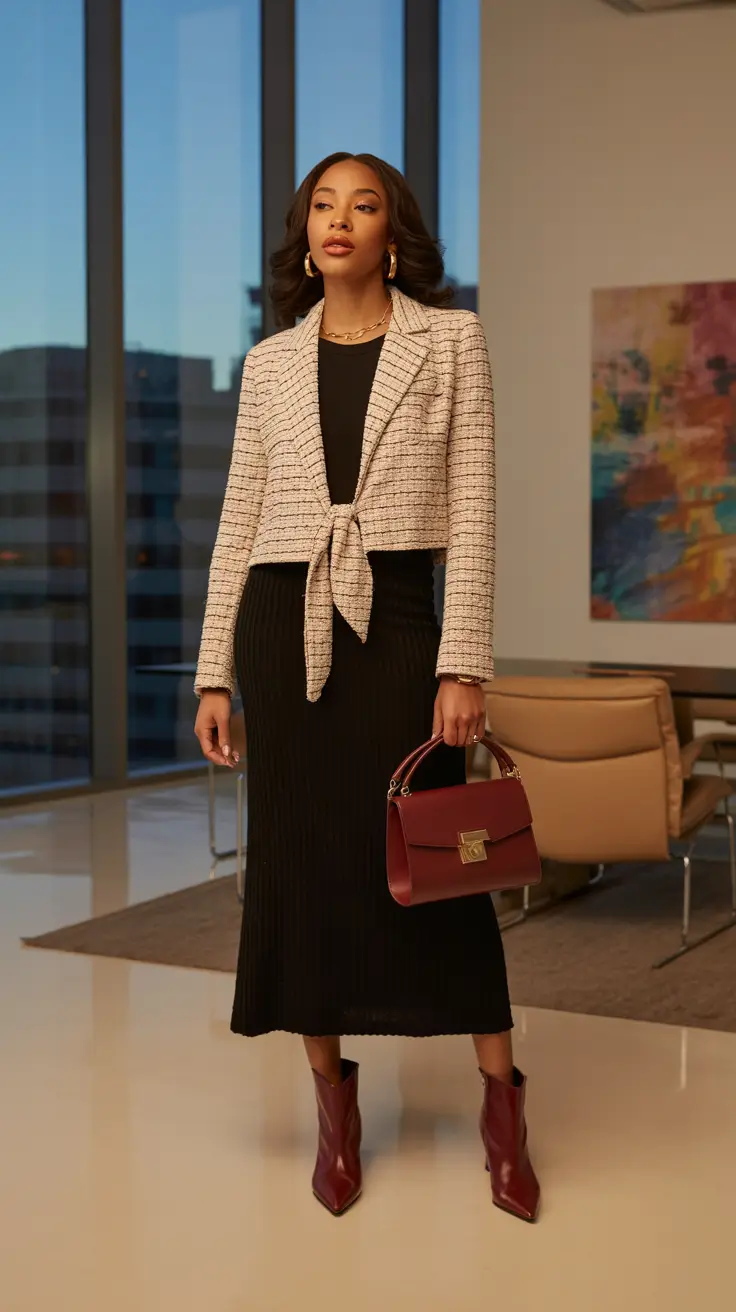 Chic modest outfits 2026 - Black knit dress and tweed jacket office chic