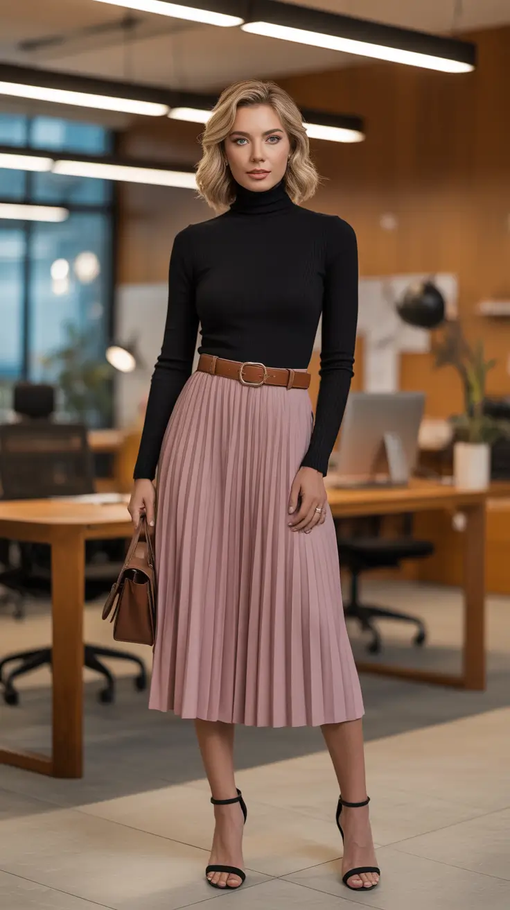 Chic modest outfits 2026 - Black turtleneck and blush pleats soft authority