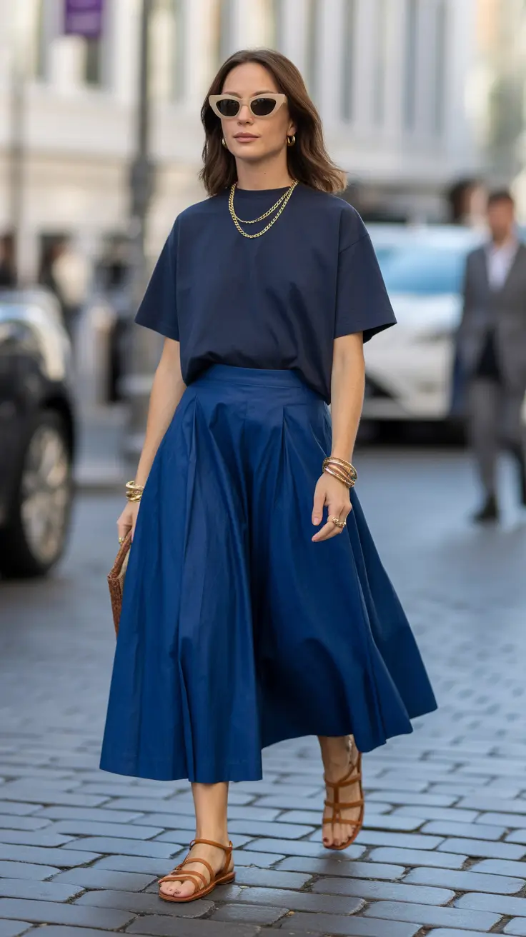 Chic modest outfits 2026 - Navy tee and full skirt streetstyle ease
