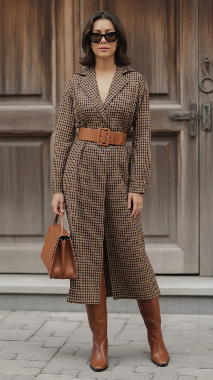 Chic modest outfits 2026 - Belted check dress with tall boots drama
