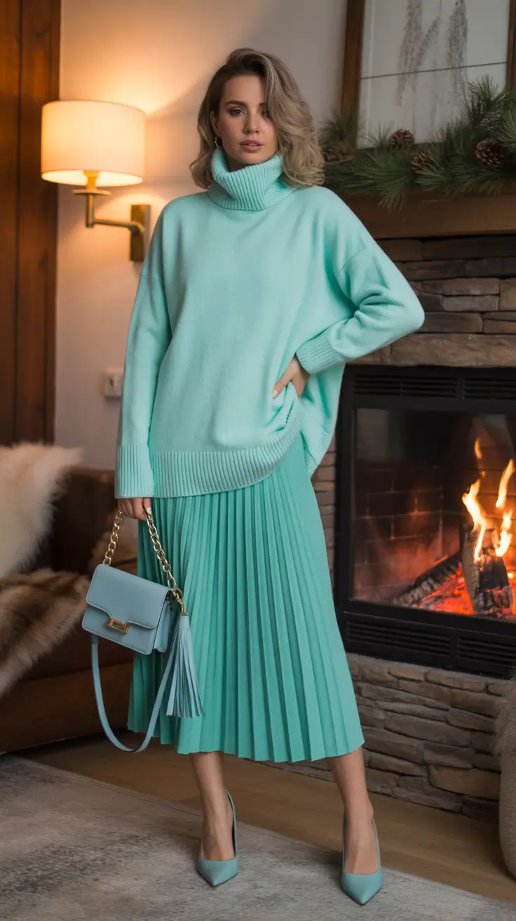 Chic modest outfits 2026 - Monochrome mint pleats for soft days