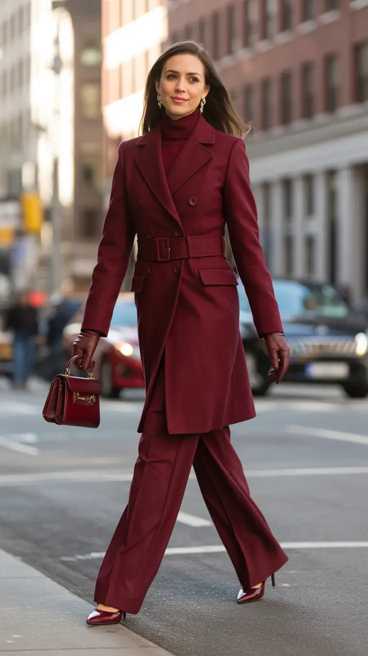Chic modest outfits 2026 - Deep burgundy power suit energy