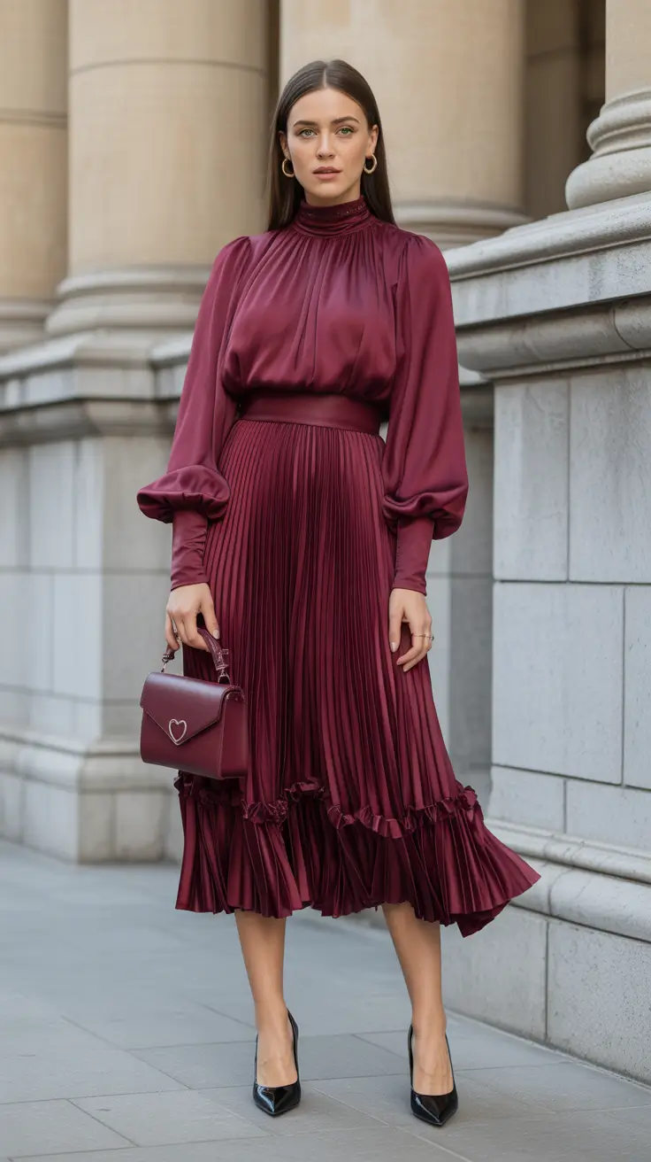 Chic modest outfits 2026 - Wine satin set for special occasions