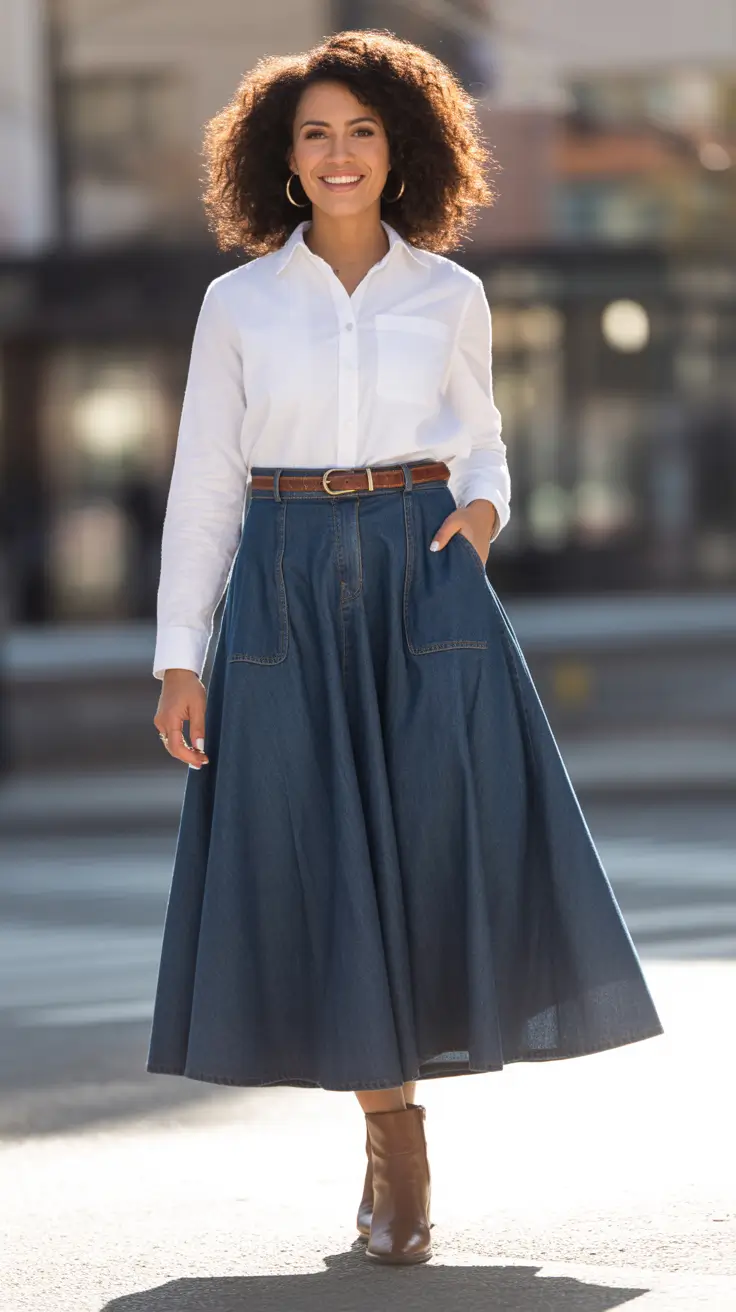 Chic modest outfits 2026 - White shirt and denim midi everyday classic