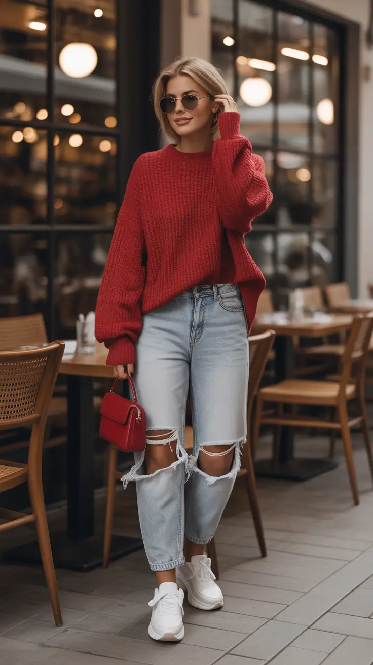 Chic mom outfits 2026 – Red Knit and Distressed Denim for Cool-Girl Coffee Runs
