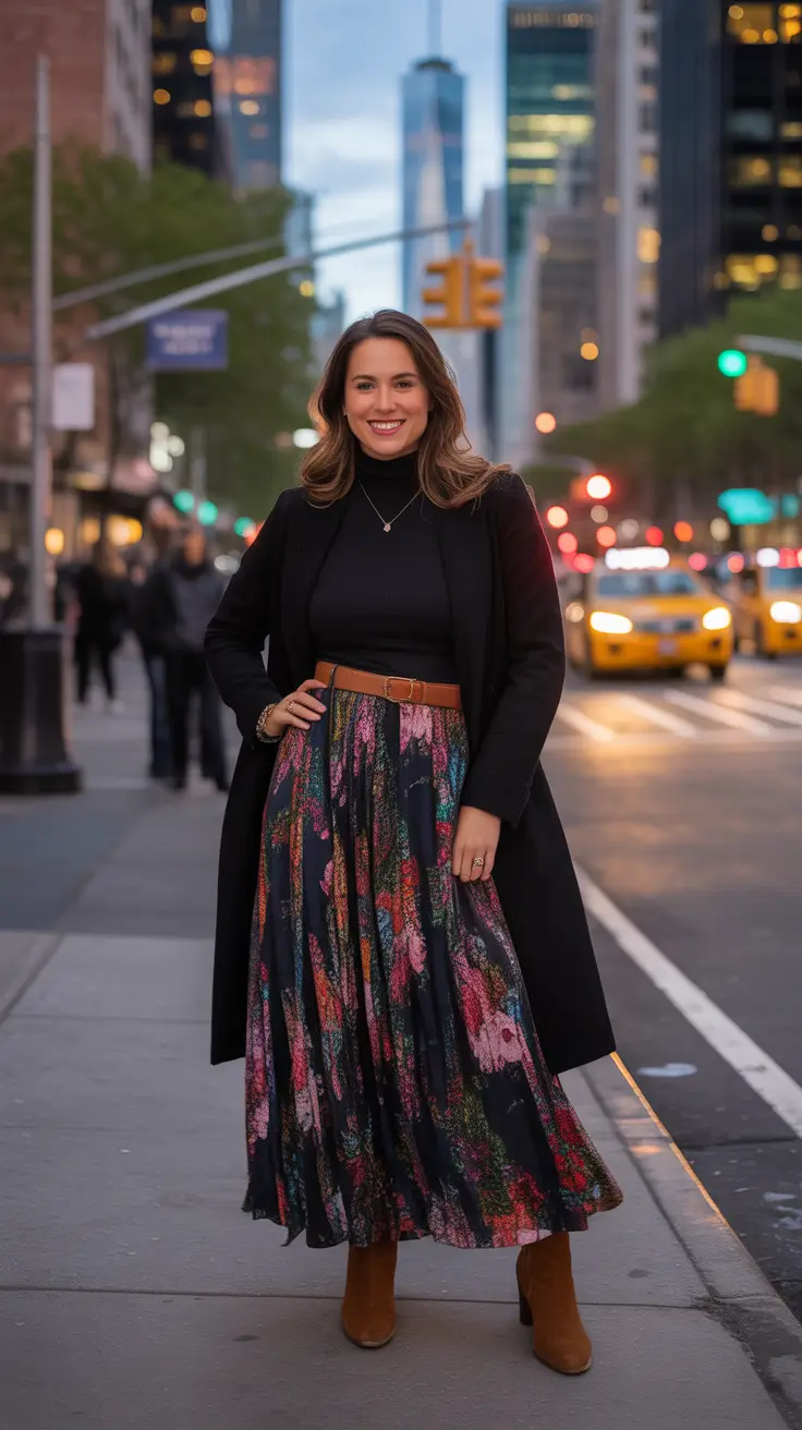 Chic mom outfits 2026 – City Lights in a Floral Midi Skirt