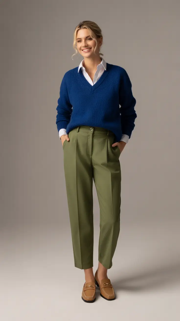 Chic mom outfits 2026 – Blue Sweater and Olive Trousers for Everyday Polished