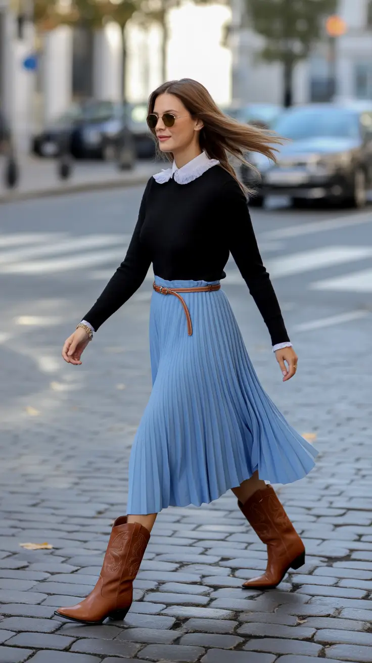 Chic mom outfits 2026 – Pleated Skirt and Cowboy Boots for Playful Street Style