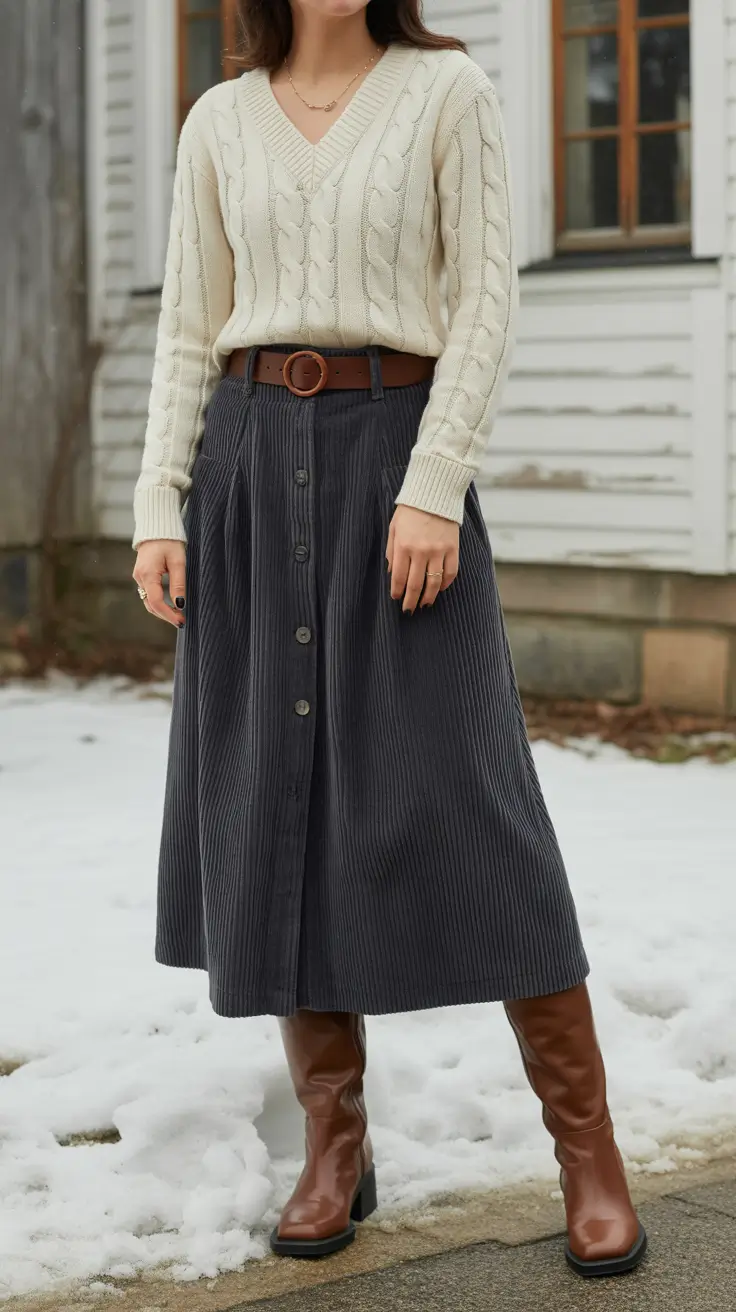 Chic mom outfits 2026 – Corduroy Skirt and Cable Knit for Winter Weekends