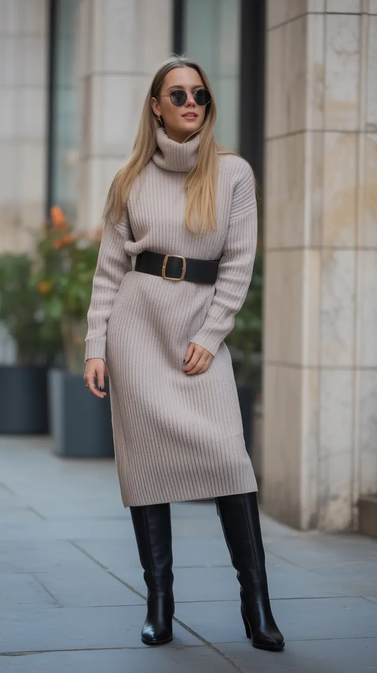 Chic mom outfits 2026 – Knit Dress and Tall Boots for One-and-Done Chic